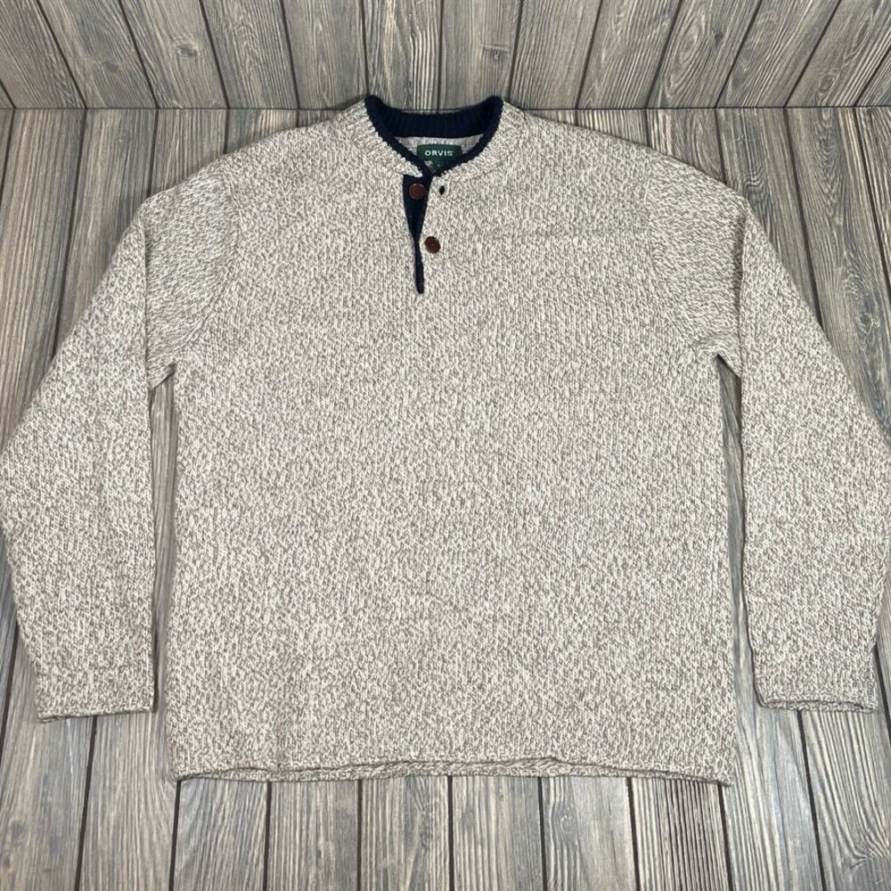 Orvis Vintage Men Wool Blend Henley Sweater 2 Button 90s Y2K Outdoor Sz L‎ Marl